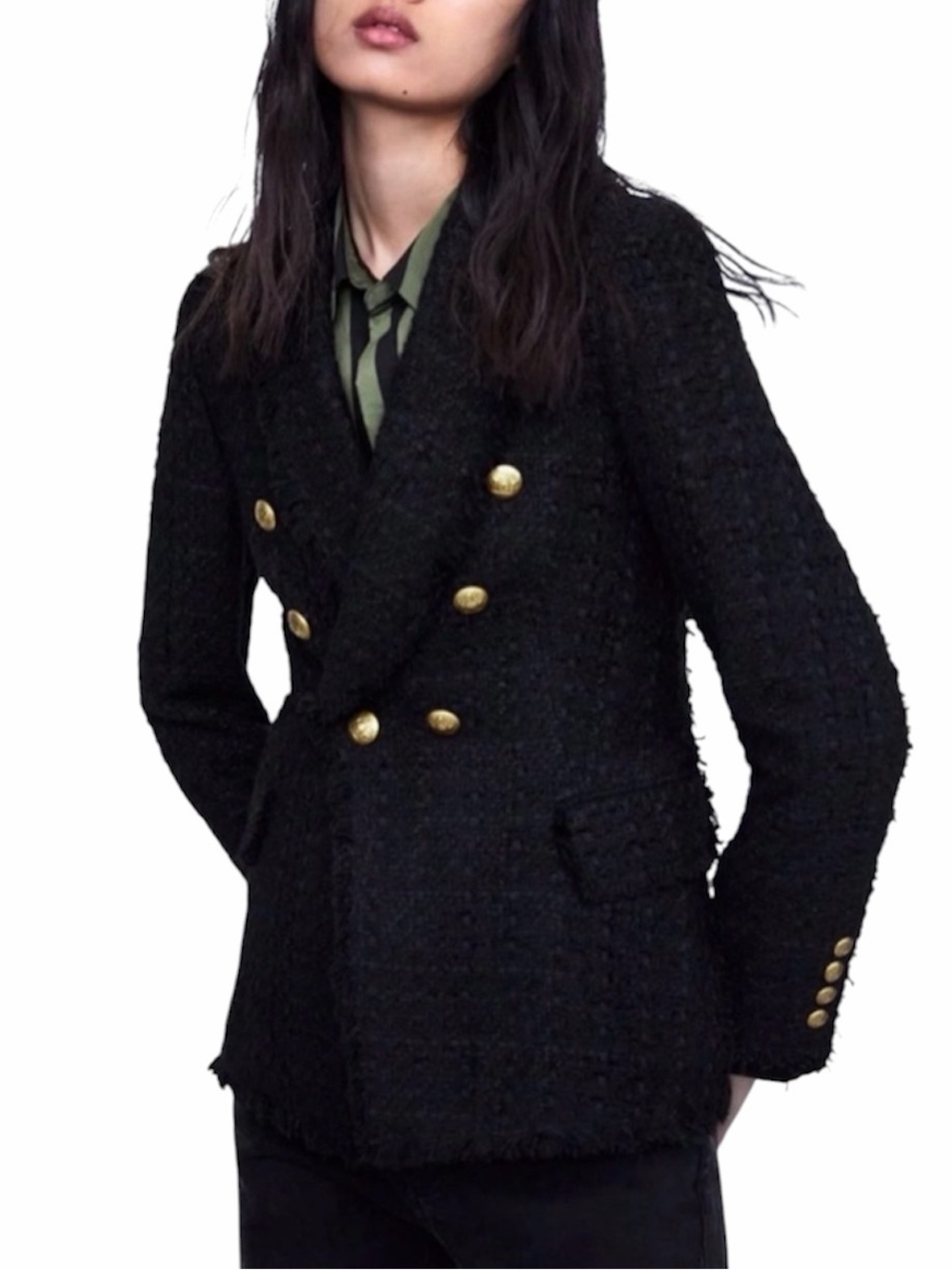 ZARA | Women’s Black Double Breasted Tweed Blazer Gold Buttons Size Medium